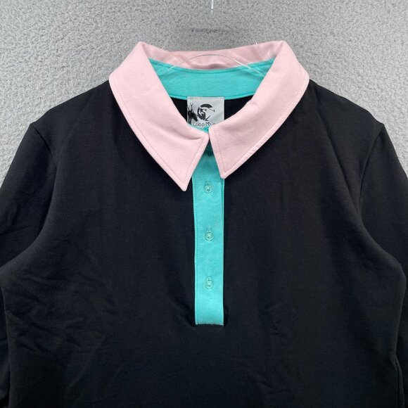 NWT Lobo Maul Polo Shirt 3/4 Sleeve Contrast Trim Collar Black Pink Teal Large - Picture 2 of 11